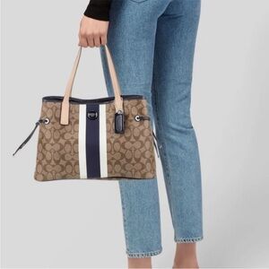 Coach Tan Signature Stripe Tote with Navy & Cream Accents